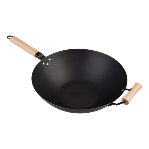 Black Carbon Steel Pre-Seasoned Wok 35.5cm Dia. W/ Beechwood Handles
