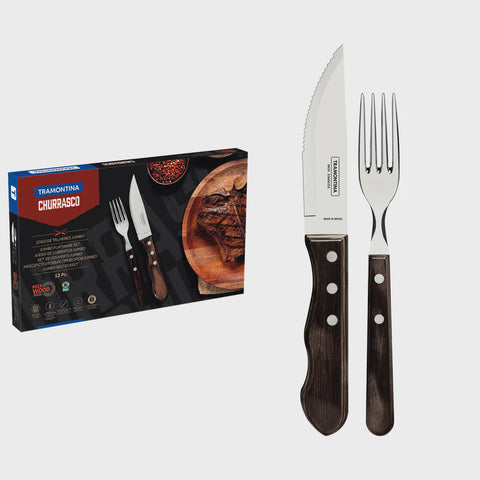 12 Piece Poly Wood Jumbo Steak Knife Set with Brown Handles