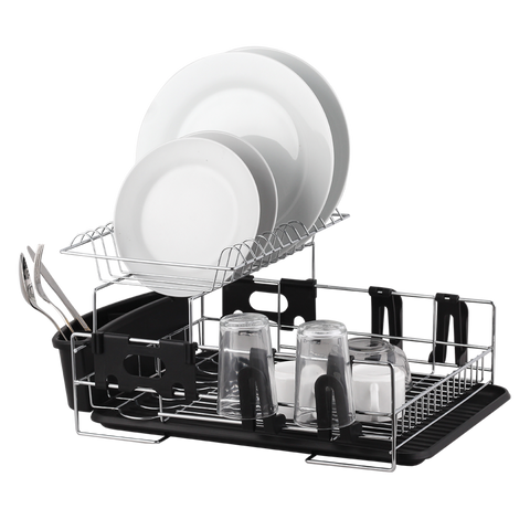 Stainless Steel 2-Tier Dish Rack with Draining Board - Black