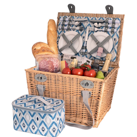 4 Person Round Wicker Picnic Basket - Ikat Pattern Lining
