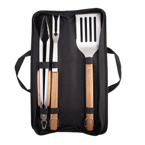 3 Piece BBQ Tool Set Acacia Handles with Carry Case