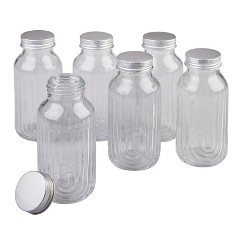 Glass Fluted Juice Bottles Set of 6, 250ml Clear