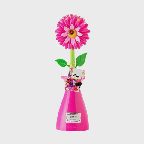 Vigar Flower Power Set (Gloves, Pink Dish Brush With Vase, Sponge Holder)