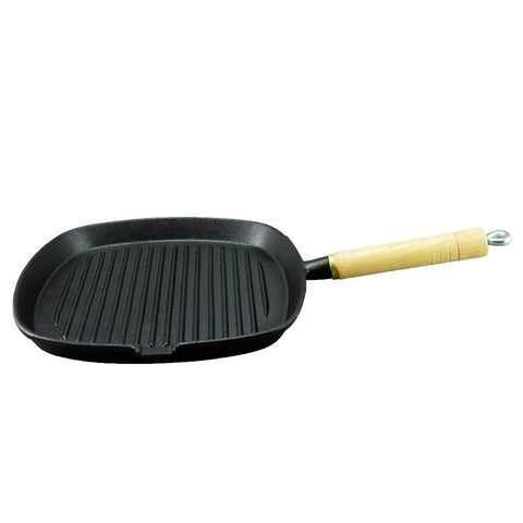 Cast Iron (Pre-Seasoned) Square Skillet With Wooden Handle