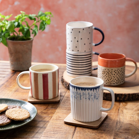 Stoneware Mug, Pink and Red Stripe, 380ml, Labelled