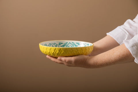 Glazed Stoneware Coupe Bowl, Yellow and Blue Geometric, 21x5cm, Labelled