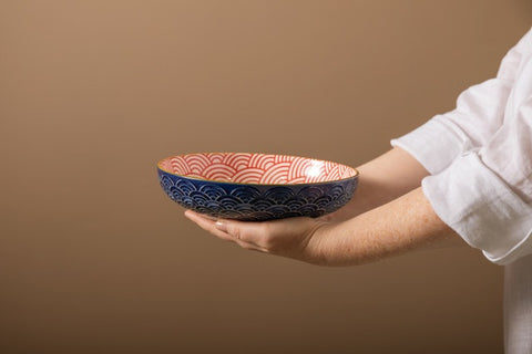 Glazed Stoneware Coupe Bowl, Blue Arc, 21x5cm, Labelled