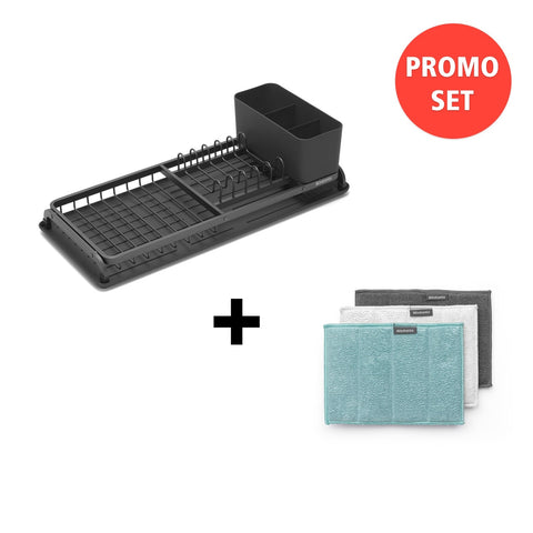 Compact Dish Drying Rack Dark Grey + Microfibre Cleaning Pads Gift w/ Purchase