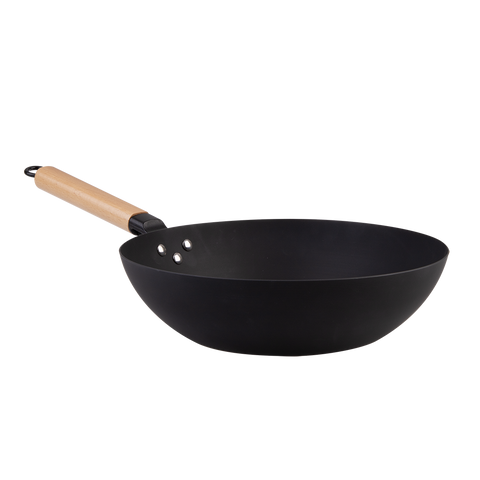 Black Carbon Steel Pre-Seasoned Stir Fry Pan 30cm Dia. W/ Beechwood Handle