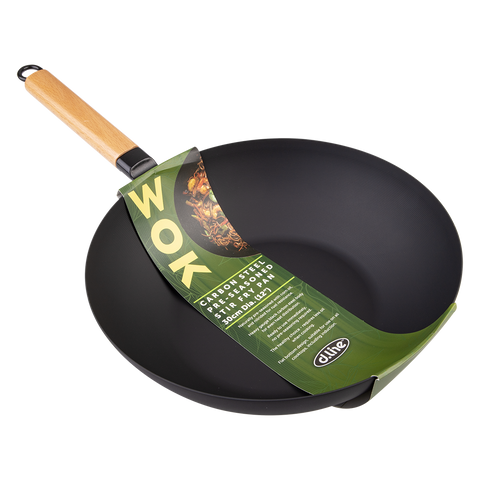 Black Carbon Steel Pre-Seasoned Stir Fry Pan 30cm Dia. W/ Beechwood Handle