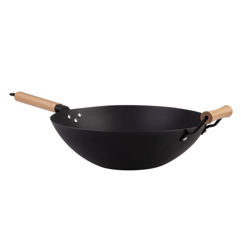 Black Carbon Steel Pre-Seasoned Wok 35.5cm Dia. W/ Beechwood Handles