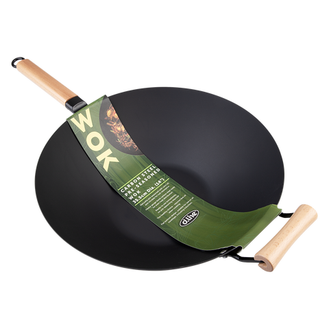 Black Carbon Steel Pre-Seasoned Wok 35.5cm Dia. W/ Beechwood Handles