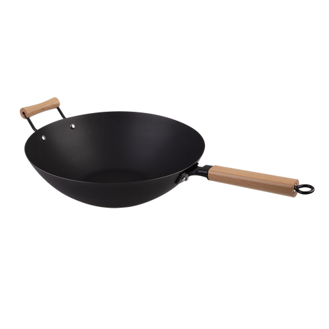 Black Carbon Steel Pre-Seasoned Wok 35.5cm Dia. W/ Beechwood Handles