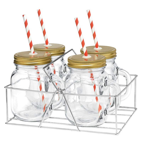 Mason Jar With Handle And Candy Stripe Straw 4 Piece Set In Caddy