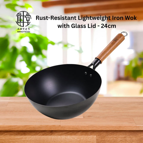 Rust-Resistant Lightweight Iron Wok with Glass Lid - 24cm
