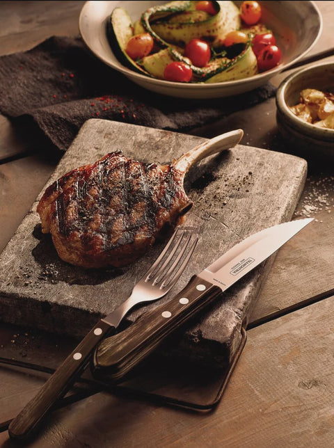 4-Piece Jumbo Steak Knife Set Stainless-Steel and Treated Brown Polywood handles