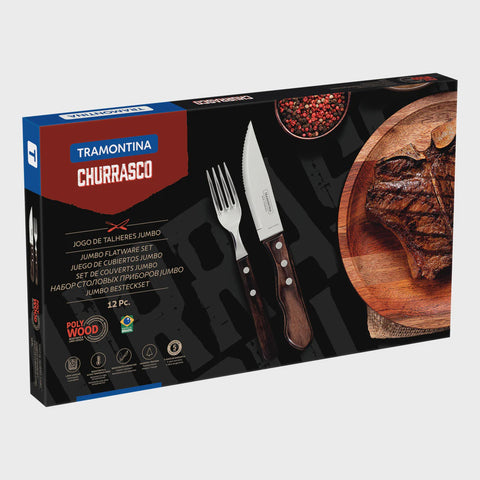 12 Piece Poly Wood Jumbo Steak Knife Set with Brown Handles