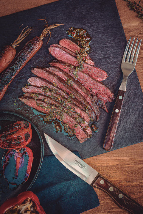 12 Piece Poly Wood Jumbo Steak Knife Set with Brown Handles