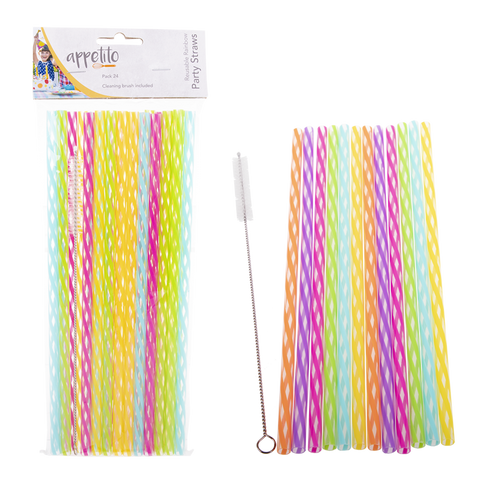 Reusable Rainbow Party Straws 25Cm Pack of 24 With Brush