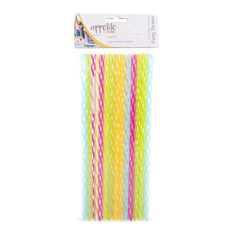 Reusable Rainbow Party Straws 25Cm Pack of 24 With Brush