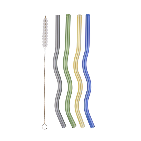 Glass Wiggly Straw Set 4 W/ Brush - Asst. Colours