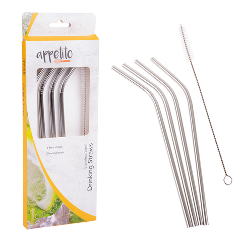Stainless Steel Bent Drinking Straws Set 4 W/ Brush