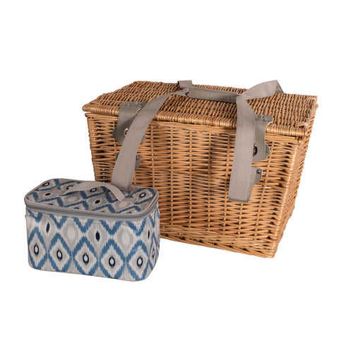 4 Person Round Wicker Picnic Basket - Ikat Pattern Lining