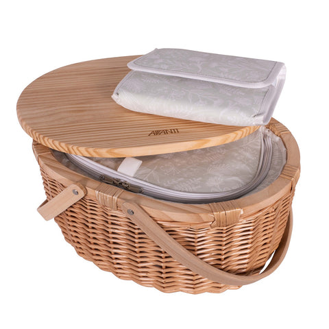 2 Person Pine Top Round Insulated Picnic Basket-Flora