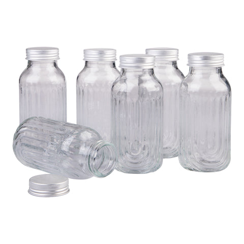 Glass Fluted Juice Bottles Set of 6, 250ml Clear