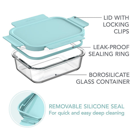 4 Piece Rectangle Glass Food Storage Set - Soft Aqua