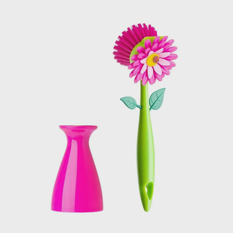 Vigar Flower Power Set (Gloves, Pink Dish Brush With Vase, Sponge Holder)