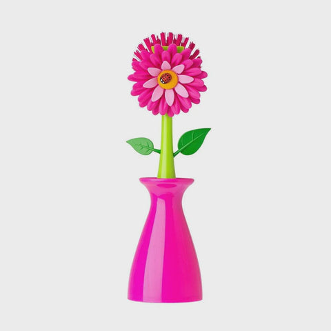 Vigar Flower Power Set (Gloves, Pink Dish Brush With Vase, Sponge Holder)