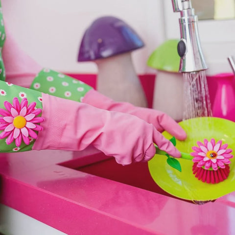 Vigar Flower Power Set (Gloves, Pink Dish Brush With Vase, Sponge Holder)