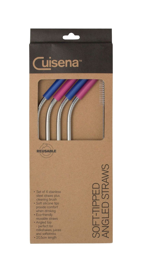 Stainless Steel Straws With Silicone Tips Set/4 & Cleaner - Angled
