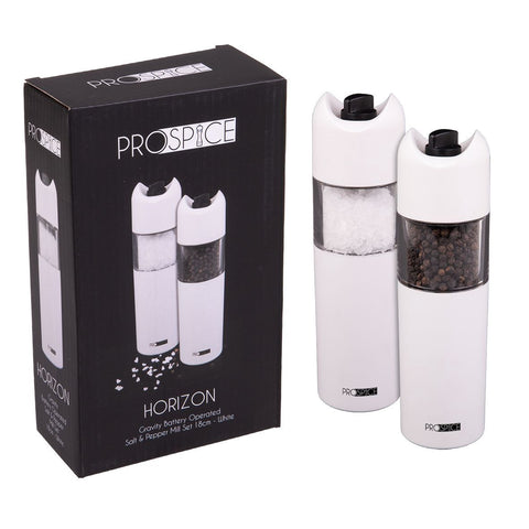 Horizon Gravity Battery Operated Salt & Pepper Mill Set 18Cm - White