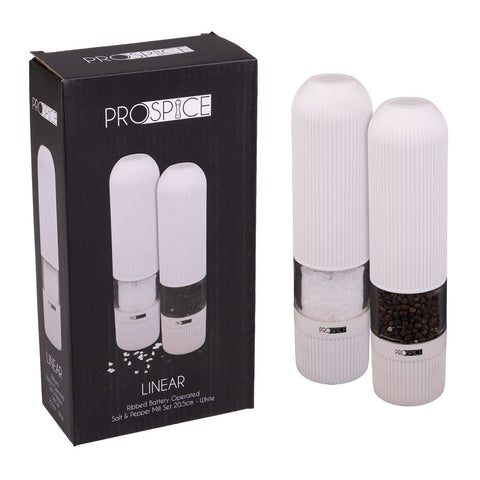Linear Ribbed Battery Operated Salt & Pepper Mill Set 20.5Cm - White