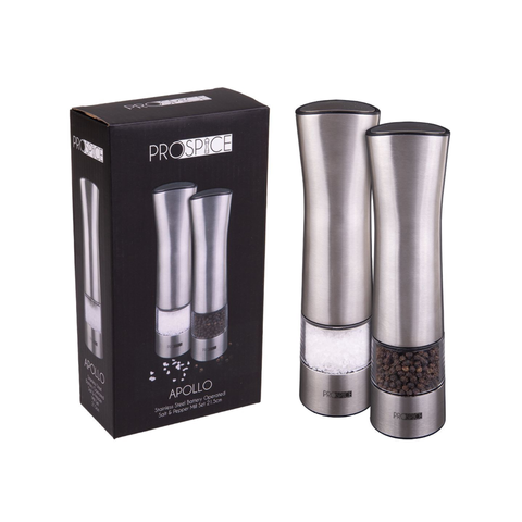 Apollo Stainless Steel Battery Operated Salt & Pepper Mill Set 21.5Cm