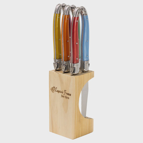 Jean Neron 6 Piece Steak Knife in Slim Wooden Block - 3 Colors