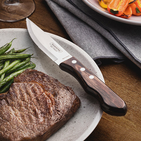 4-Piece Jumbo Steak Knife Set Stainless-Steel and Treated Brown Polywood handles