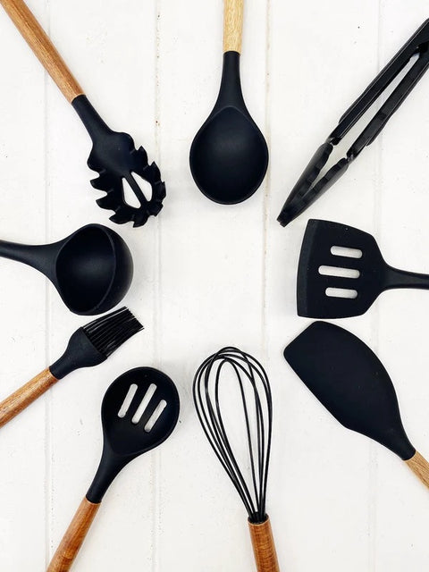 Acacia Handle With Black Silicone - Slotted Spoon