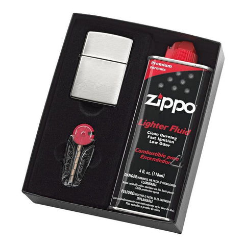 Zippo Brushed Chrome Lighter With Fluid And Flints
