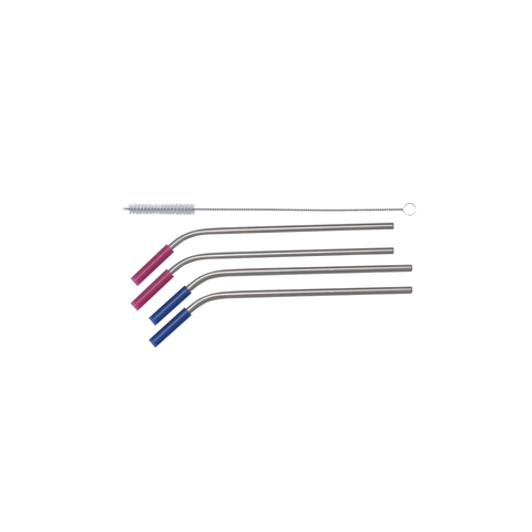 Stainless Steel Straws With Silicone Tips Set/4 & Cleaner - Angled