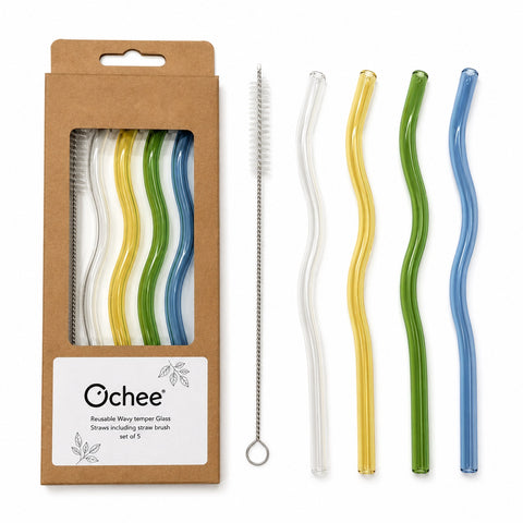 Drinkit Reusable Wavy Tempered Glass Straws Including Straw Cleaning Bursh Set of 5