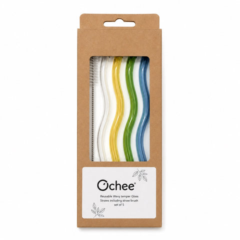 Drinkit Reusable Wavy Tempered Glass Straws Including Straw Cleaning Bursh Set of 5
