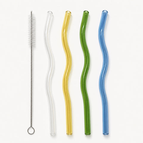 Drinkit Reusable Wavy Tempered Glass Straws Including Straw Cleaning Bursh Set of 5