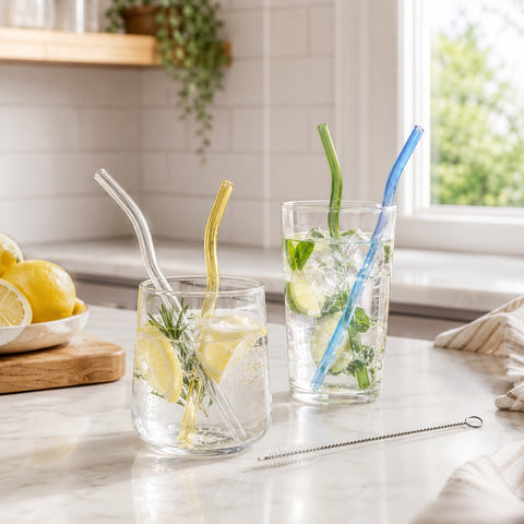 Drinkit Reusable Wavy Tempered Glass Straws Including Straw Cleaning Bursh Set of 5