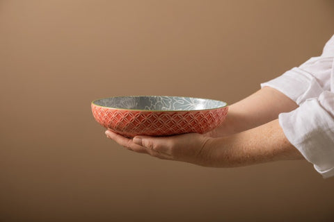 Glazed Stoneware Coupe Bowl, Geometric Leaf, 21x5cm, Labelled