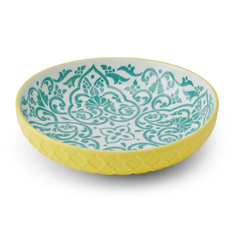 Glazed Stoneware Coupe Bowl, Yellow and Blue Geometric, 21x5cm, Labelled