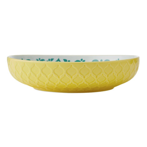 Glazed Stoneware Coupe Bowl, Yellow and Blue Geometric, 21x5cm, Labelled