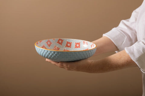 Glazed Stoneware Coupe Bowl, Blue Mosaic, 21x5cm, Labelled
